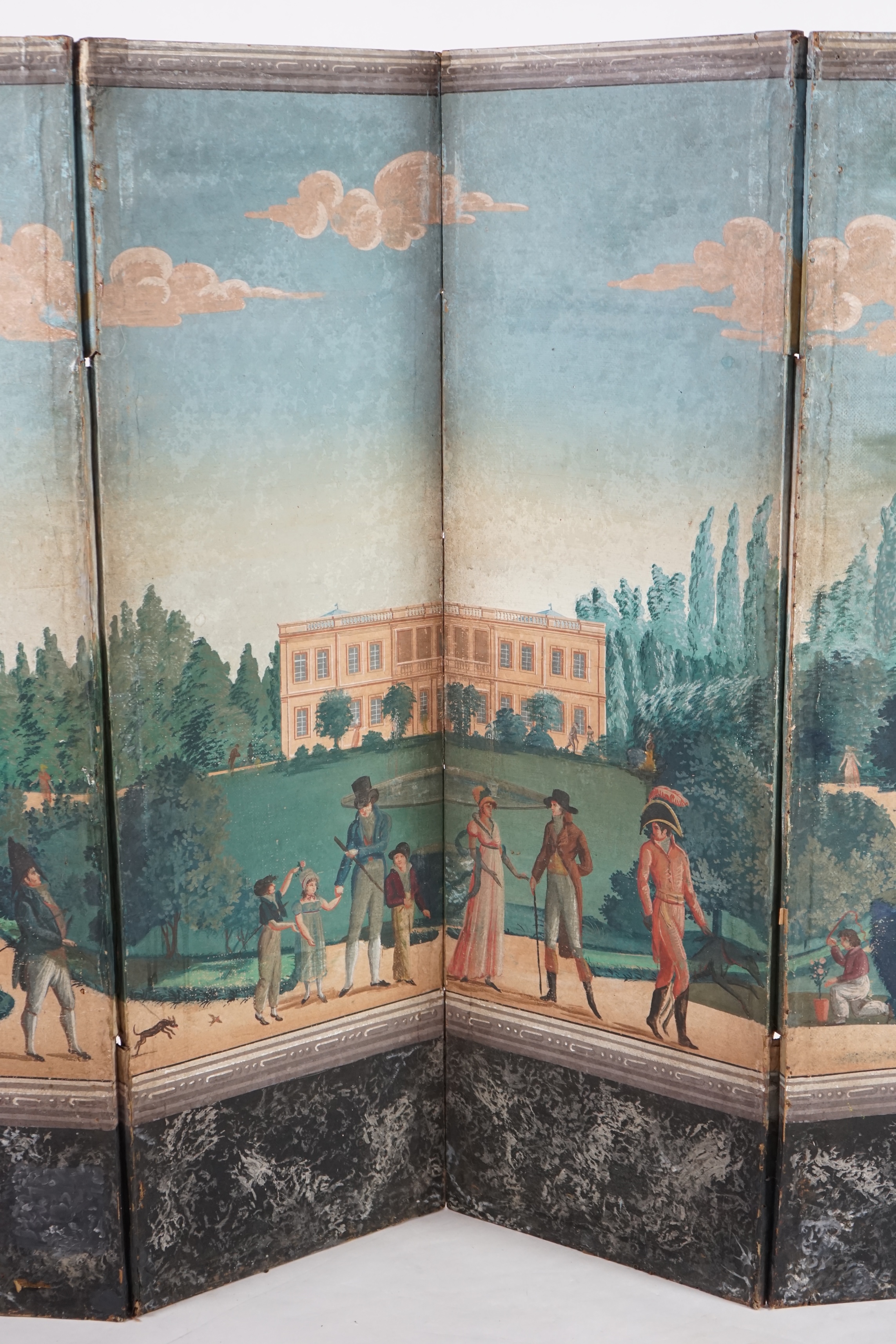 A French Empire four-leaf painted screen, gouache on paper, attributed to Dufour & Leroy